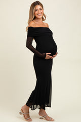 Black Mesh Overlay Off Shoulder Long Sleeve Maternity Midi Dress