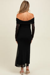 Black Mesh Overlay Off Shoulder Long Sleeve Maternity Midi Dress
