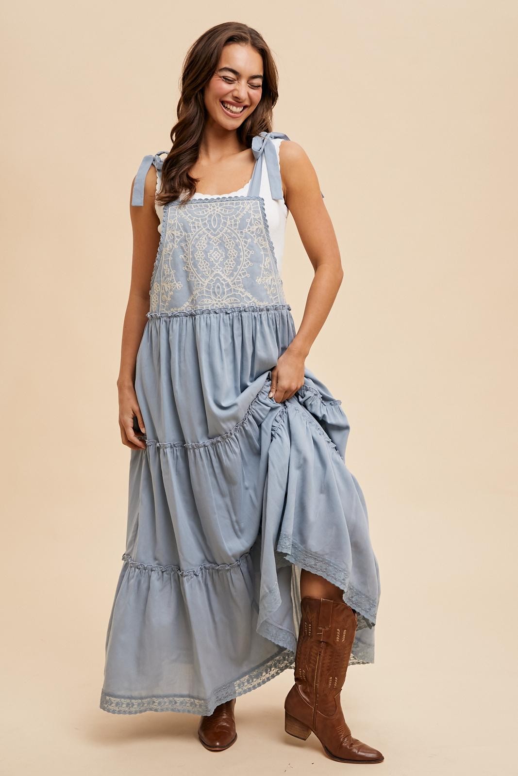Blue Embroidered Ruffle Tiered Apron Maternity Dress