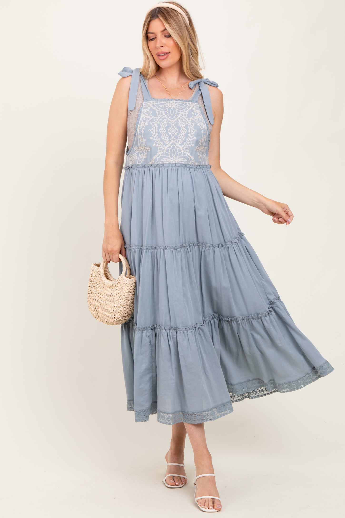 Blue Embroidered Ruffle Tiered Apron Maternity Dress