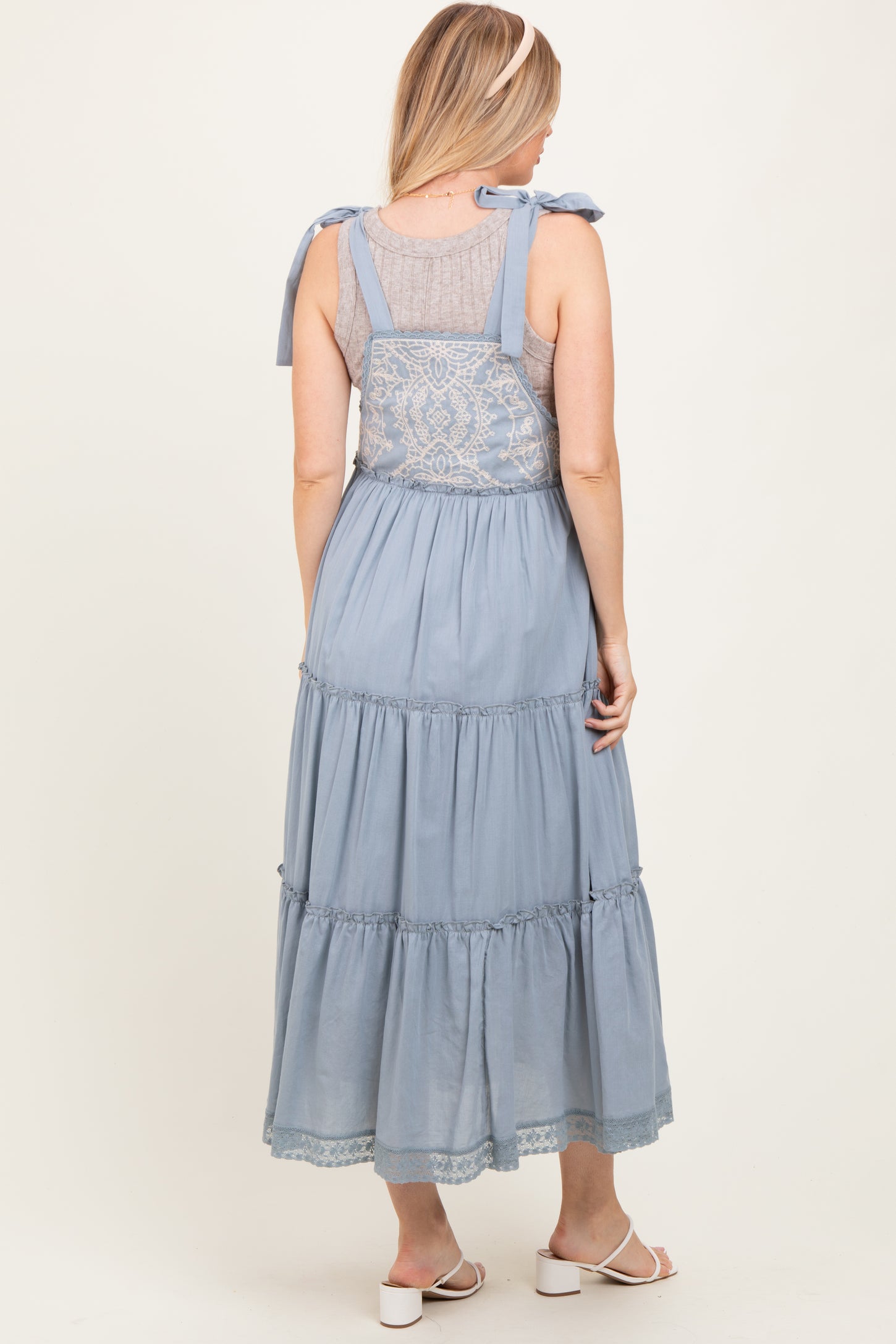 Blue Embroidered Ruffle Tiered Apron Maternity Dress