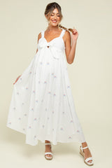 White Embroidered Front Bow Tie Maternity Maxi Dress