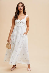 White Embroidered Front Bow Tie Maxi Dress