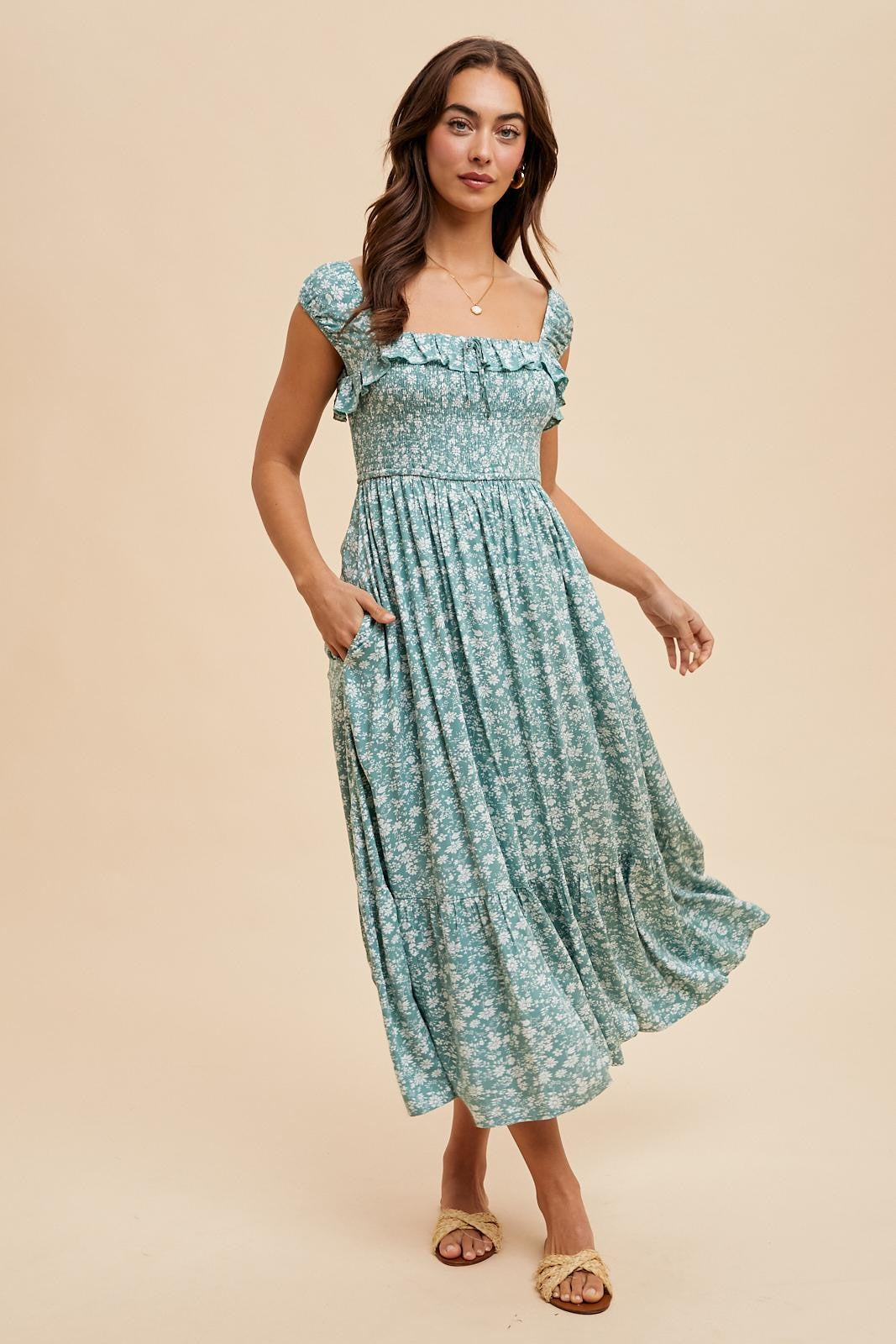 Light Olive Floral Smocked Ruffle Detail Midi Dress