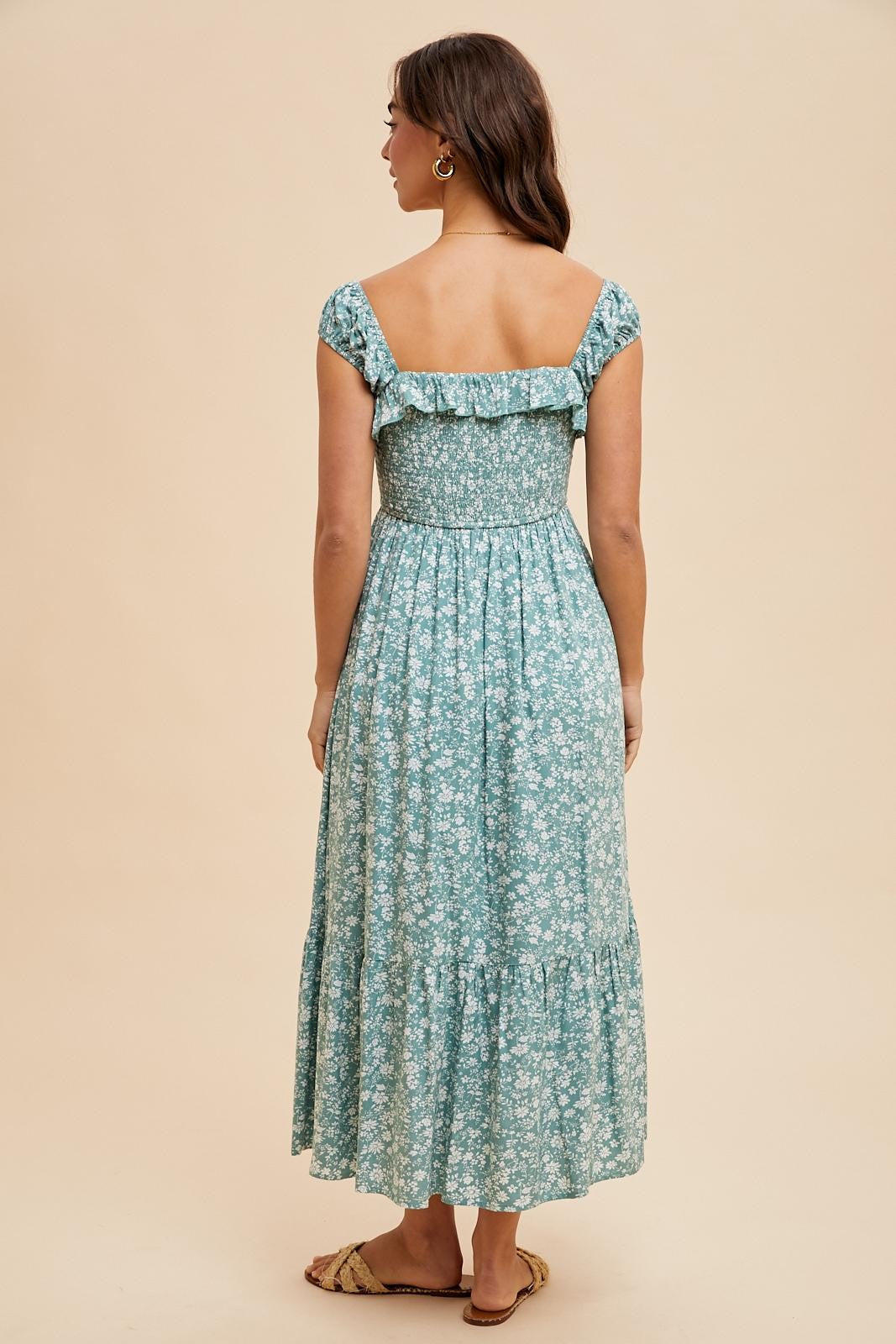 Light Olive Floral Smocked Ruffle Detail Midi Dress