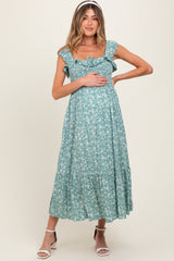 Light Olive Floral Smocked Ruffle Detail Maternity Midi Dress