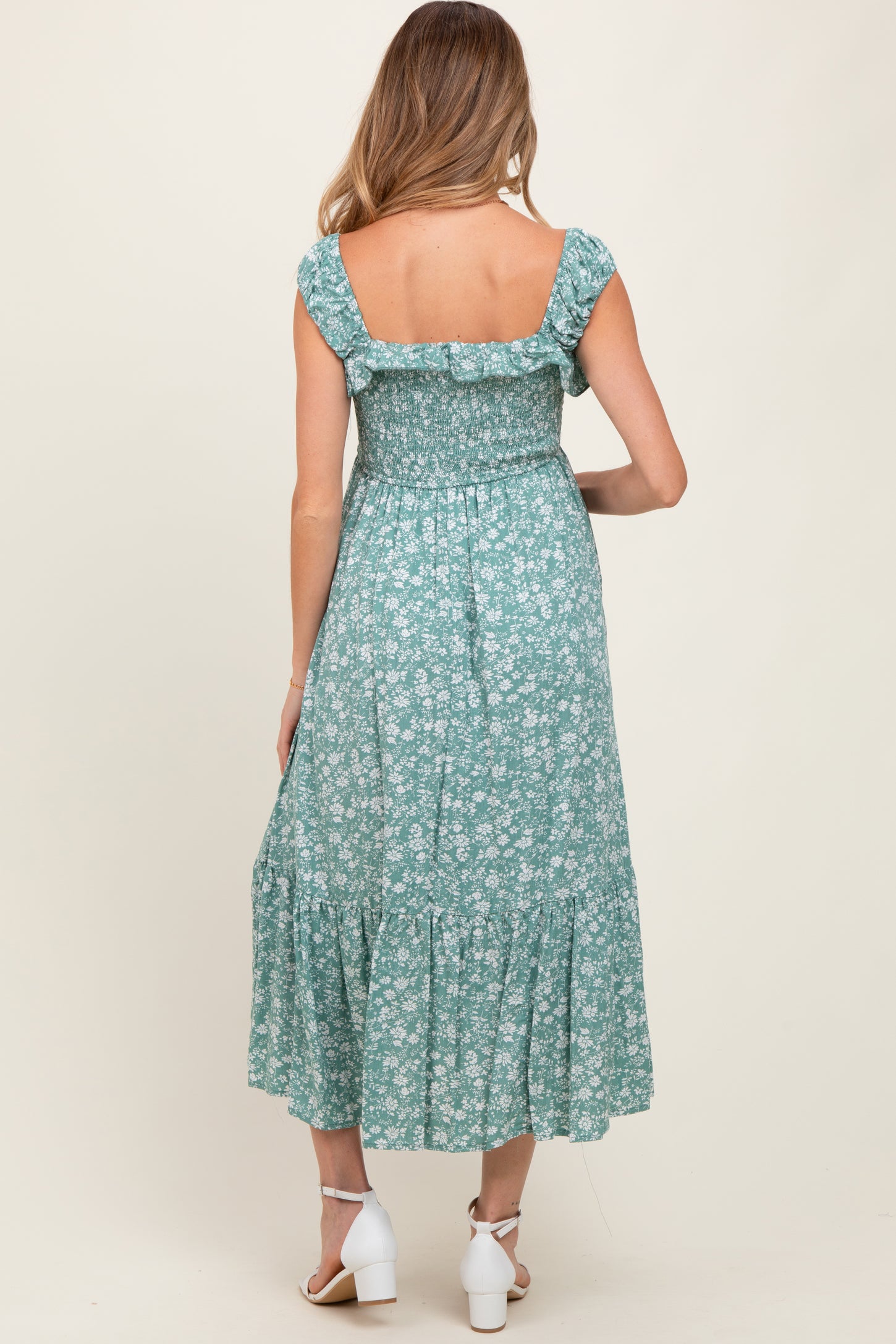 Light Olive Floral Smocked Ruffle Detail Maternity Midi Dress