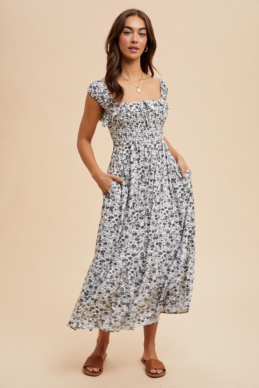 White Floral Smocked Ruffle Detail Midi Dress