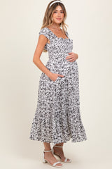 White Floral Smocked Ruffle Detail Maternity Midi Dress