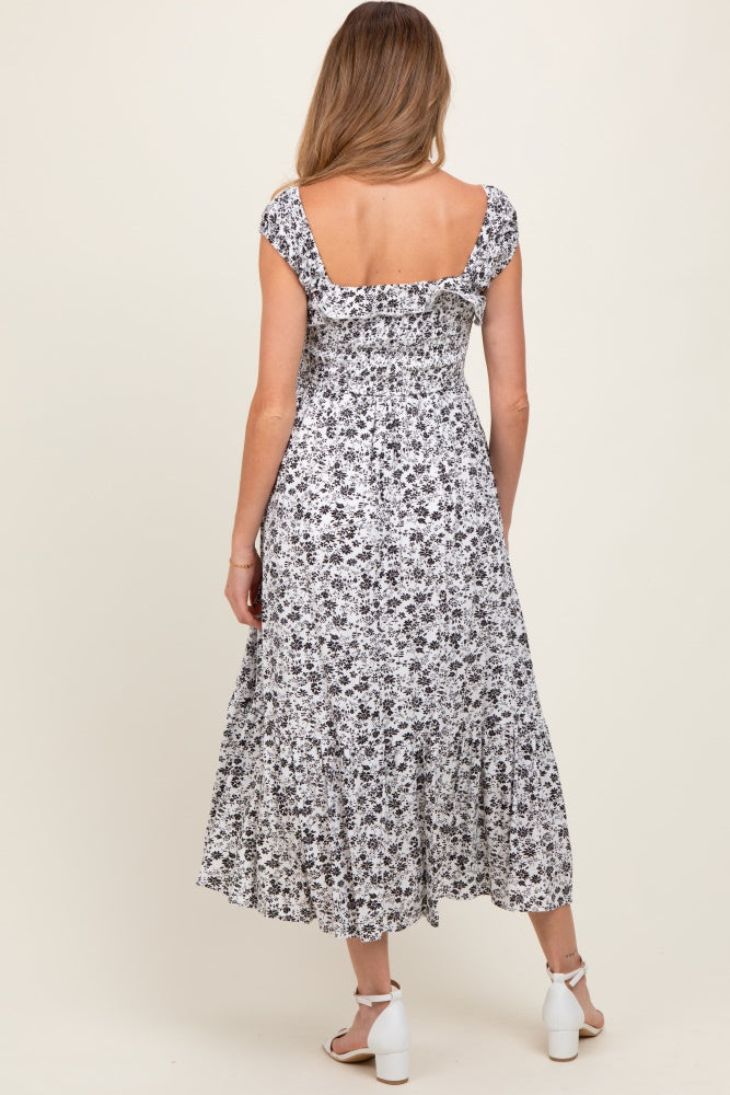 White Floral Smocked Ruffle Detail Maternity Midi Dress