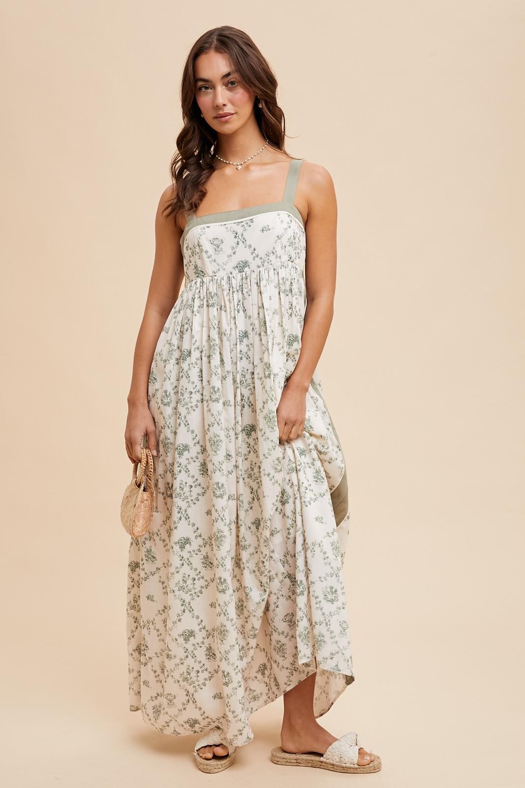 Light Olive Floral Sleeveless Side Panel Maxi Dress
