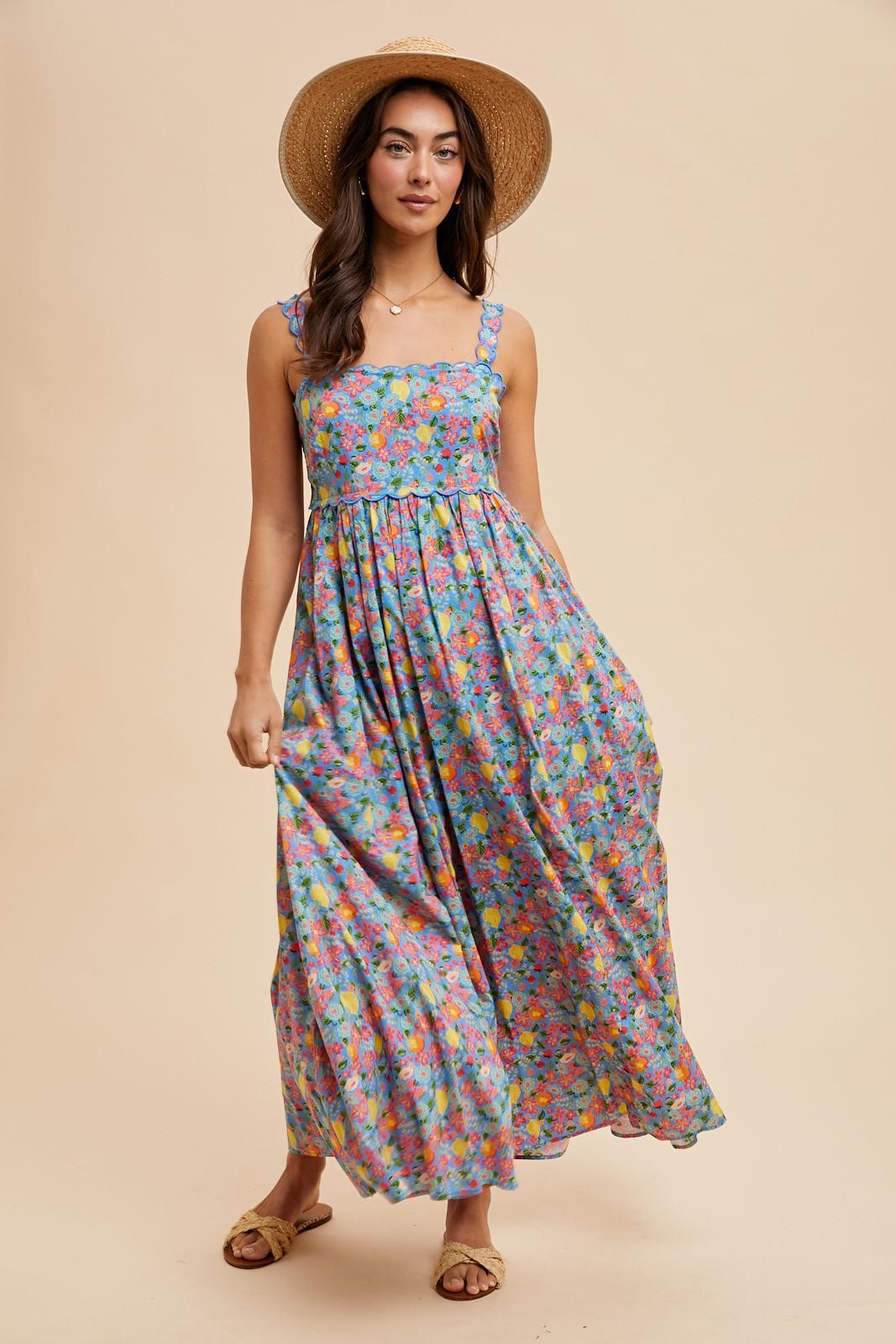 Blue Floral Scallop Detail Sleeveless Maxi Dress