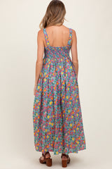 Blue Floral Scallop Detail Sleeveless Maternity Maxi Dress