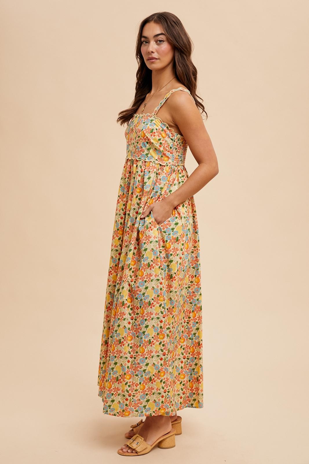 Yellow Floral Scallop Detail Sleeveless Maxi Dress