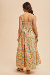 Yellow Floral Scallop Detail Sleeveless Maxi Dress