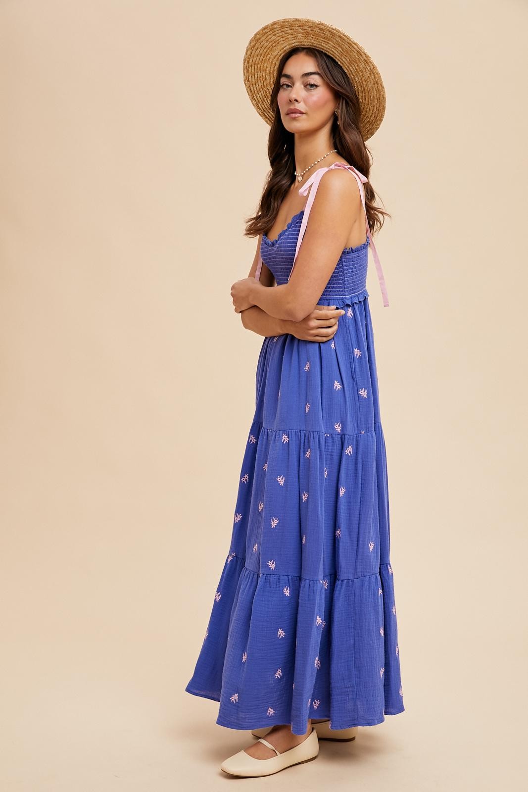 Royal Blue Embroidered Smocked Shoulder Tie Maxi Dress