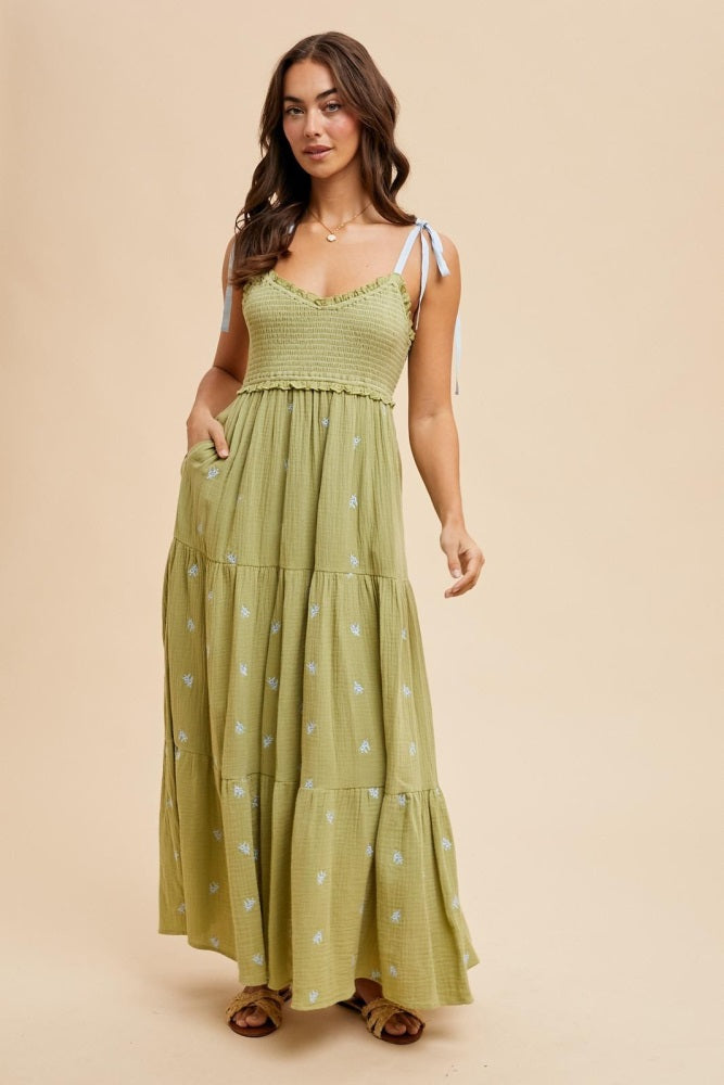 Light Olive Embroidered Smocked Shoulder Tie Maxi Dress