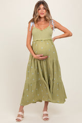 Light Olive Embroidered Smocked Shoulder Tie Maternity Maxi Dress
