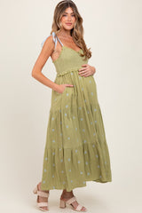 Light Olive Embroidered Smocked Shoulder Tie Maternity Maxi Dress