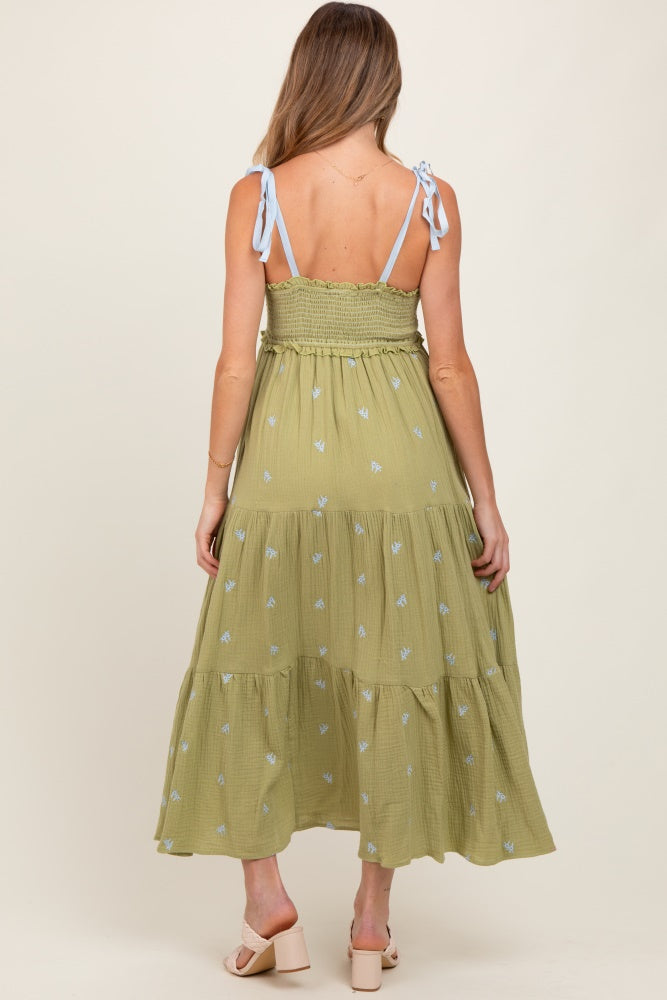 Light Olive Embroidered Smocked Shoulder Tie Maternity Maxi Dress