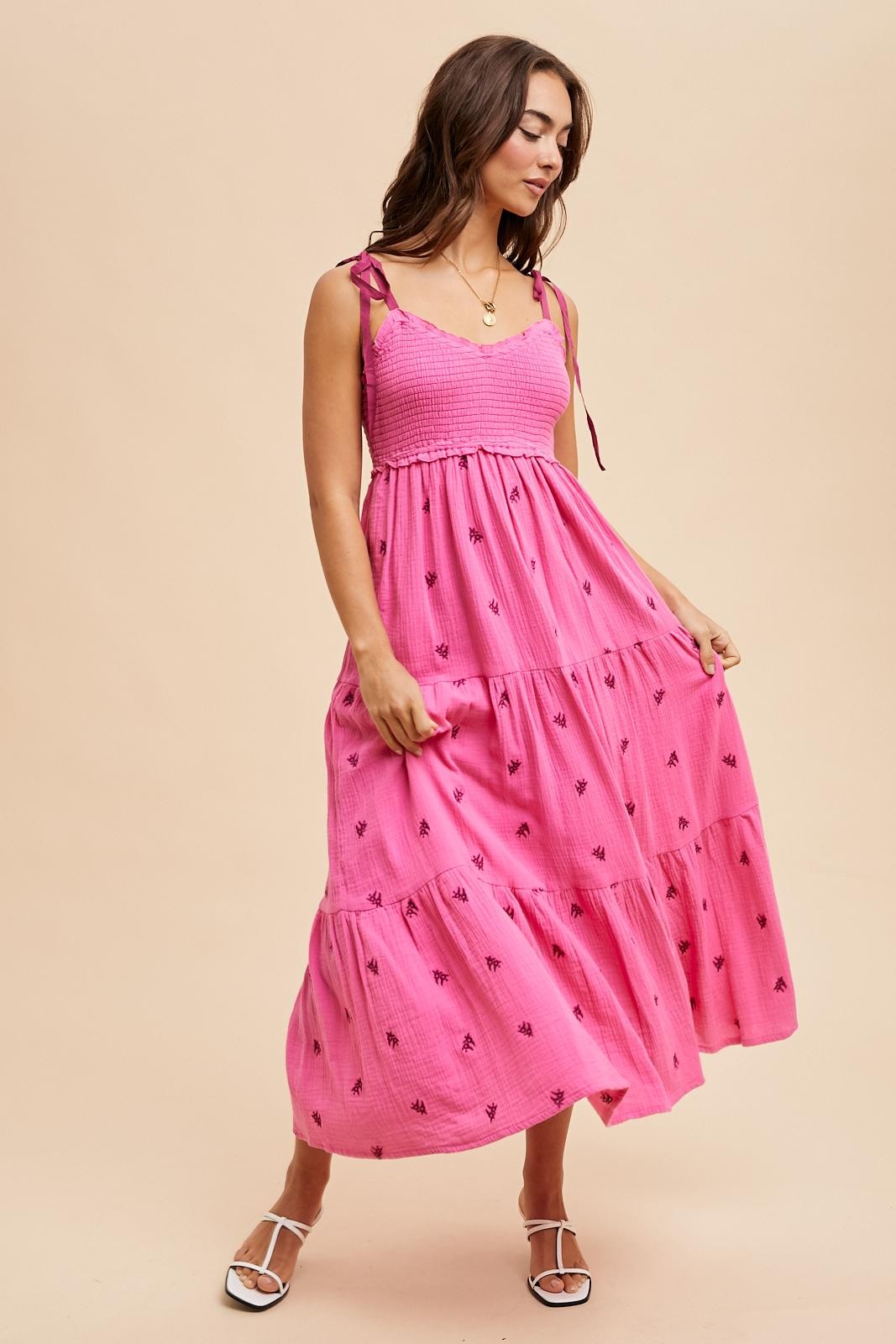 Pink Embroidered Smocked Shoulder Tie Maternity Maxi Dress
