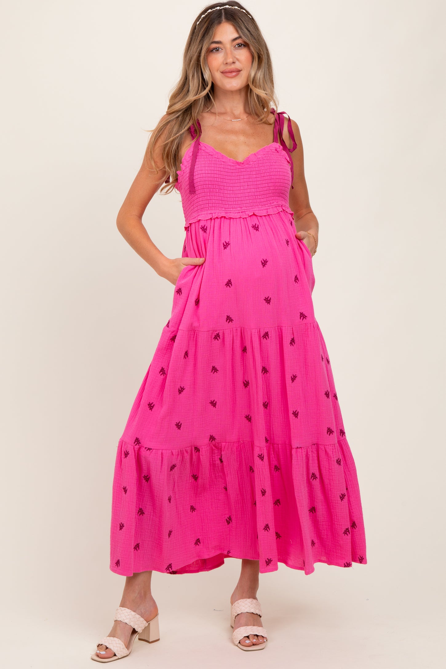 Pink Embroidered Smocked Shoulder Tie Maternity Maxi Dress