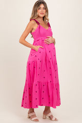 Pink Embroidered Smocked Shoulder Tie Maternity Maxi Dress