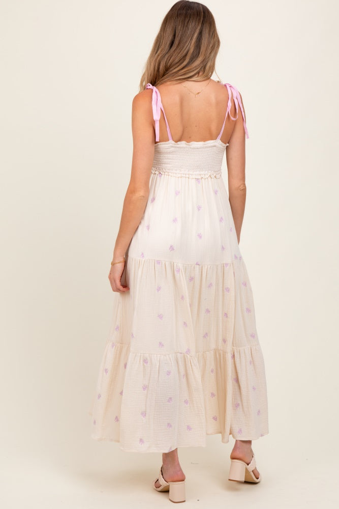 Cream Embroidered Smocked Shoulder Tie Maternity Maxi Dress