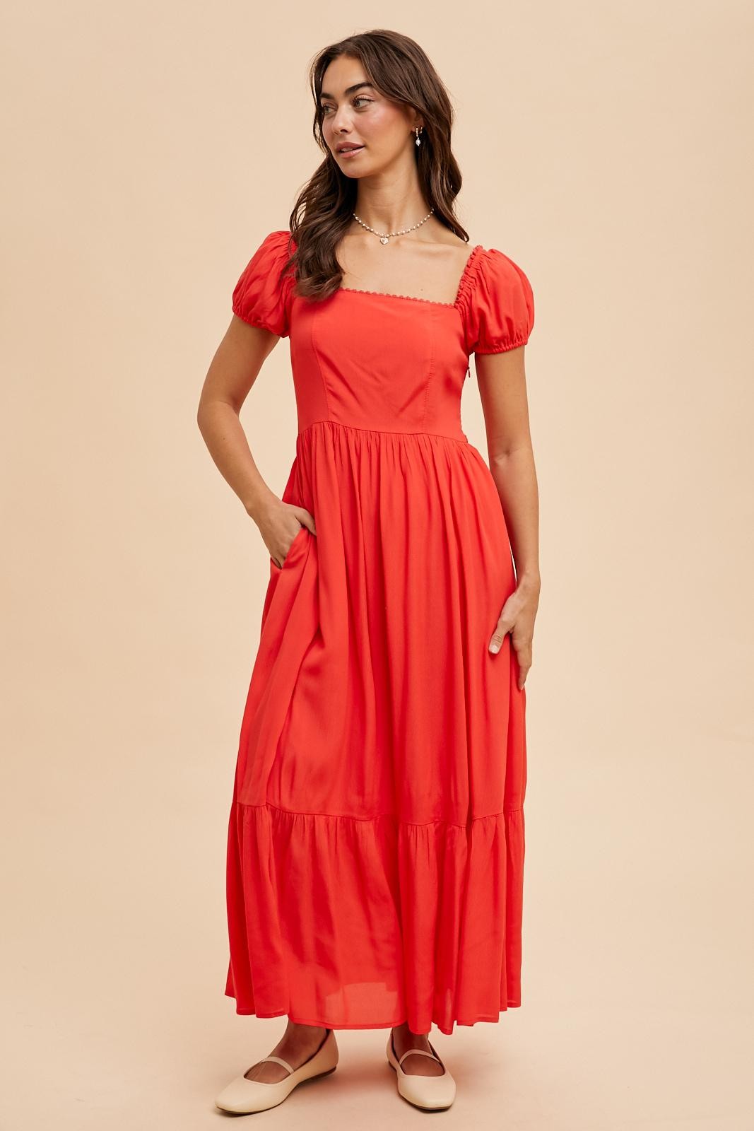 Red Ruffle Detail Square Neck Maxi Dress