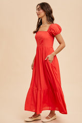 Red Ruffle Detail Square Neck Maxi Dress