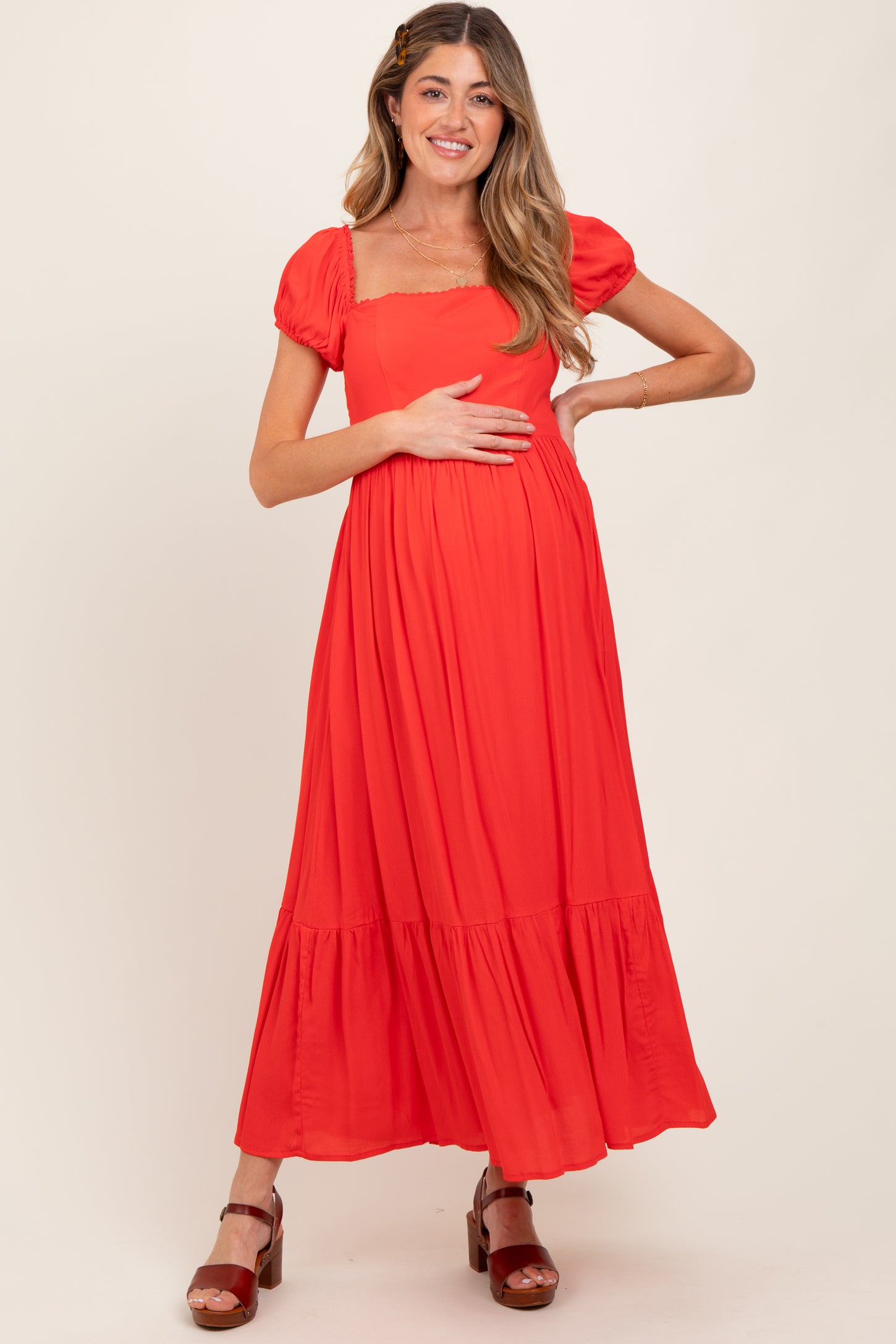 Red Ruffle Detail Square Neck Maternity Maxi Dress