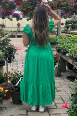 Green Ruffle Detail Square Neck Maxi Dress