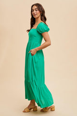 Green Ruffle Detail Square Neck Maxi Dress