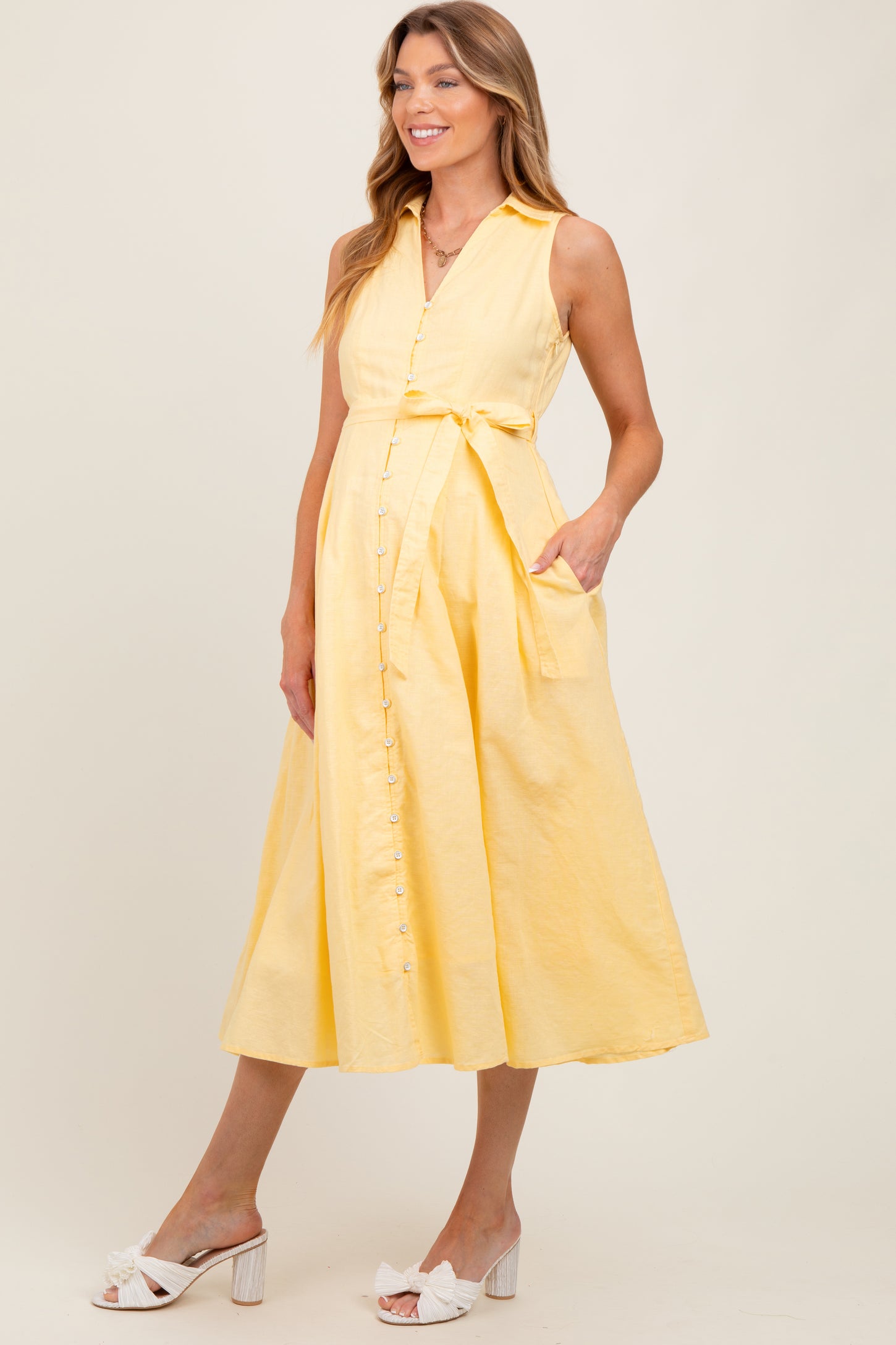 Yellow Sleeveless Linen Blend Maternity Midi Shirt Dress