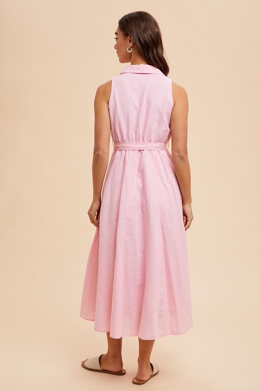 Light Pink Sleeveless Linen Blend Midi Shirt Dress