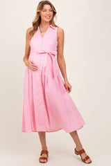 Light Pink Sleeveless Linen Blend Maternity Midi Shirt Dress