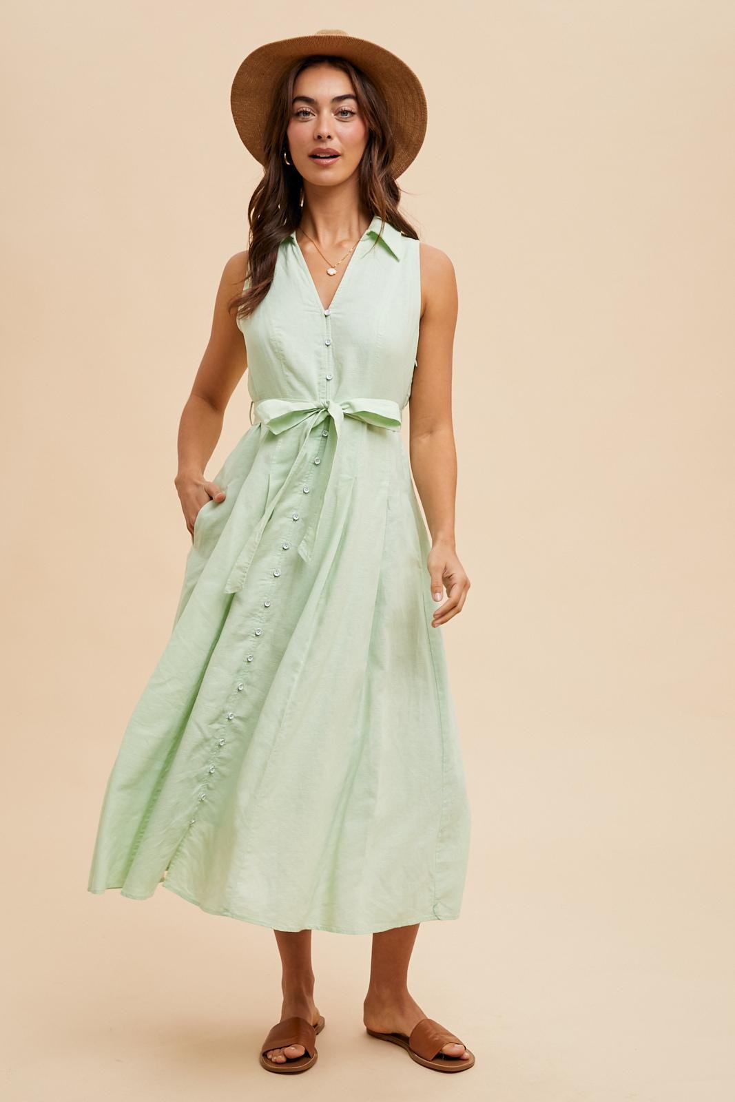 Mint Green Sleeveless Linen Blend Midi Shirt Dress