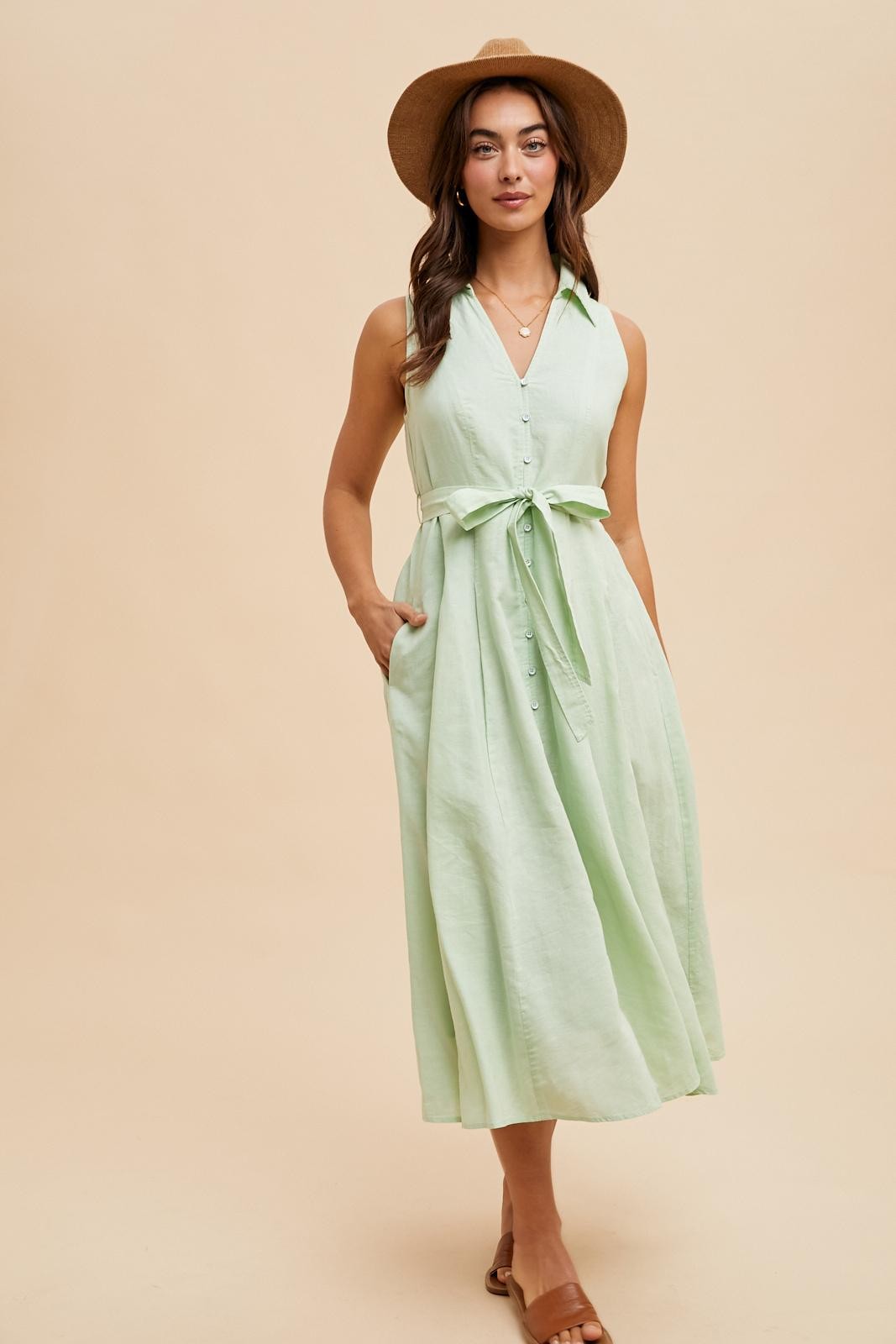 Mint Green Sleeveless Linen Blend Midi Shirt Dress