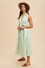 Mint Green Sleeveless Linen Blend Midi Shirt Dress