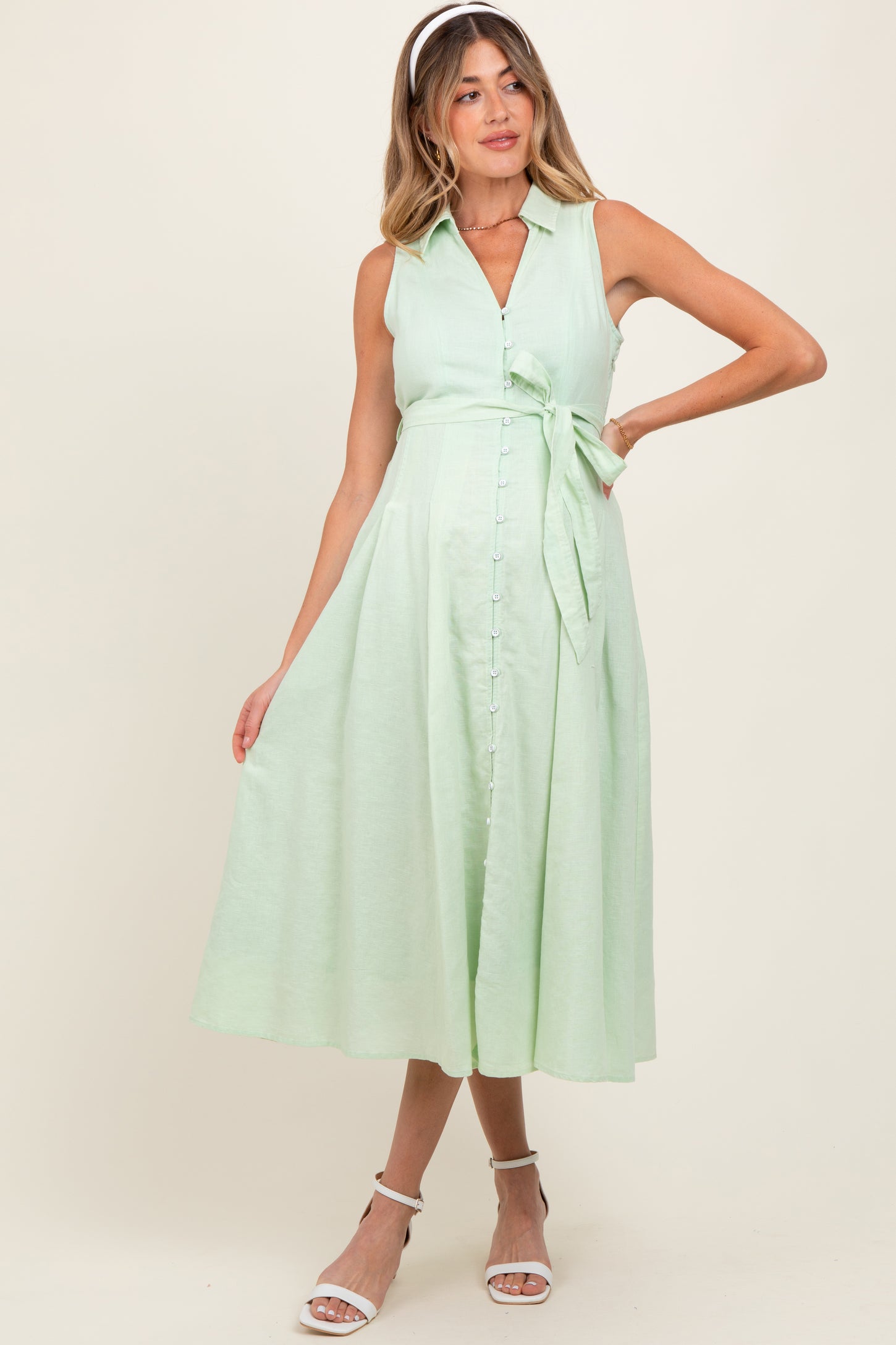 Mint Green Sleeveless Linen Blend Maternity Midi Shirt Dress