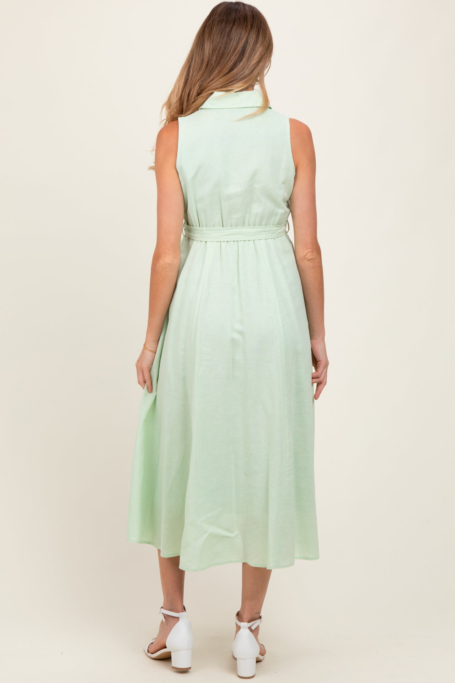 Mint Green Sleeveless Linen Blend Maternity Midi Shirt Dress