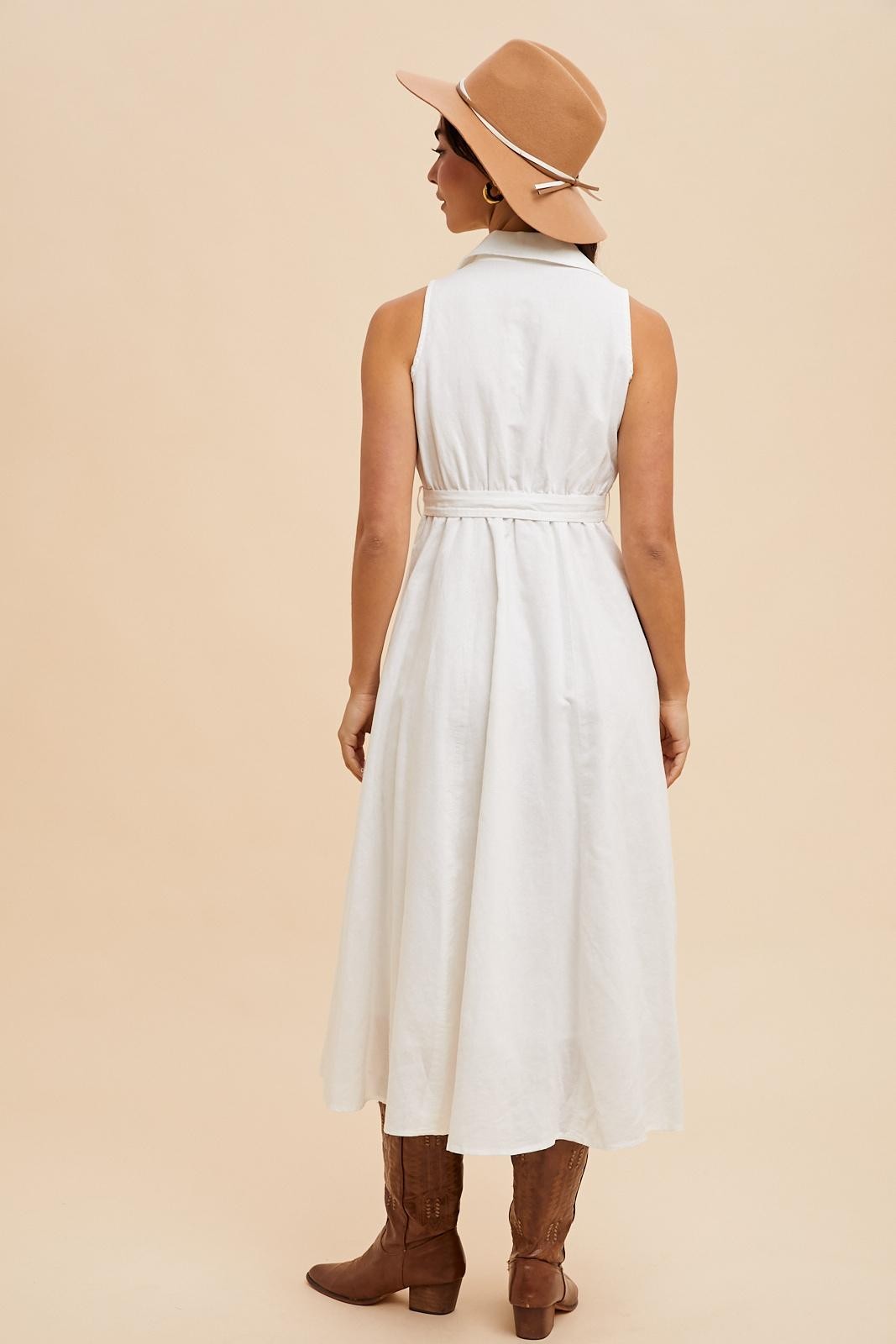 White Sleeveless Linen Blend Midi Shirt Dress