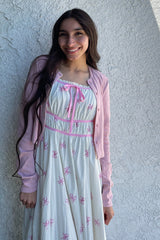 Ivory Bow Print Shirred Bodice Puff Sleeve Dress