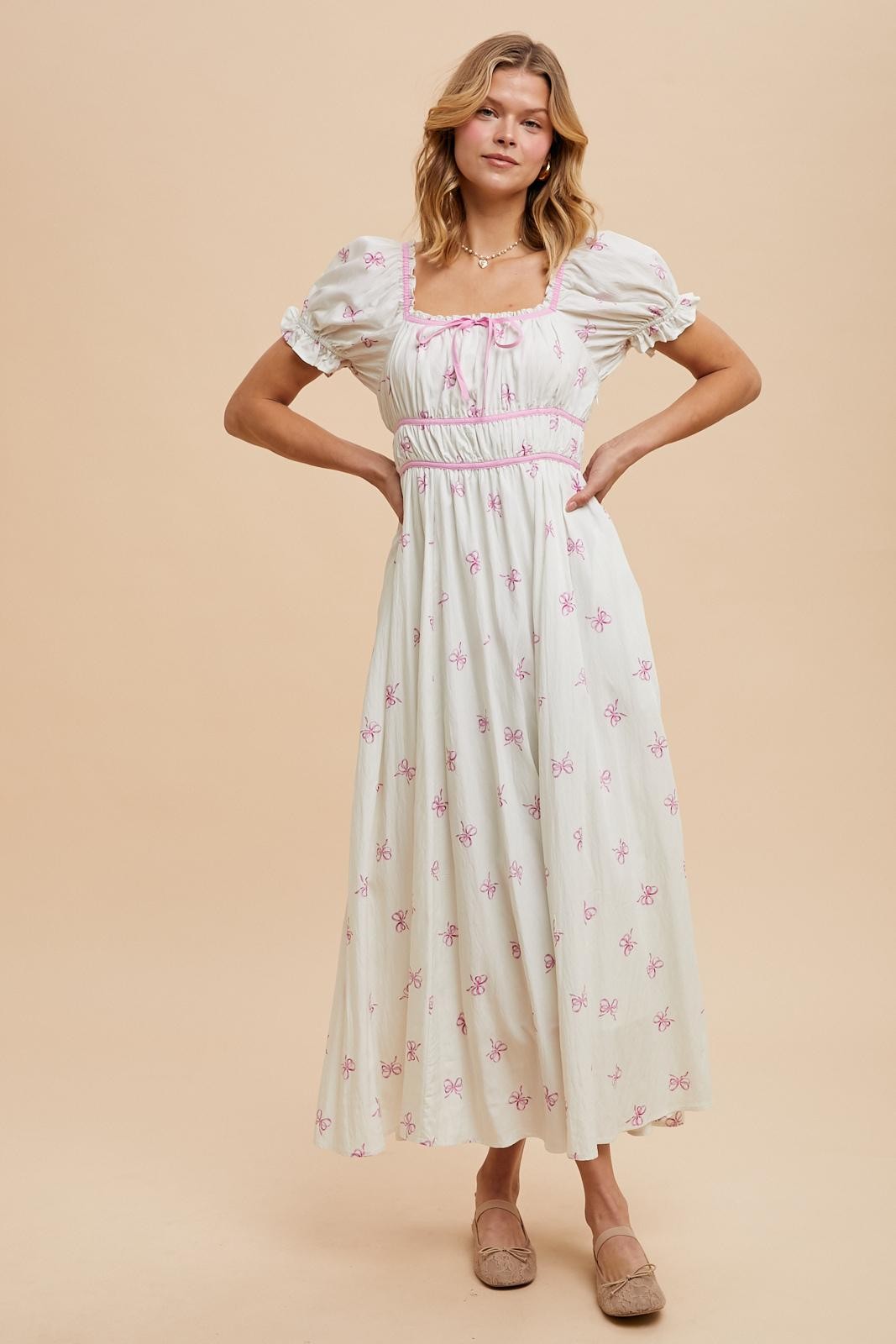 Ivory Bow Print Shirred Bodice Puff Sleeve Maternity Dress