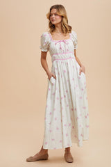 Ivory Bow Print Shirred Bodice Puff Sleeve Dress