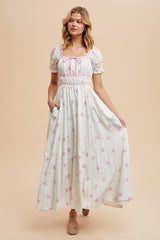 Ivory Bow Print Shirred Bodice Puff Sleeve Dress