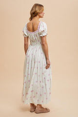 Ivory Bow Print Shirred Bodice Puff Sleeve Dress