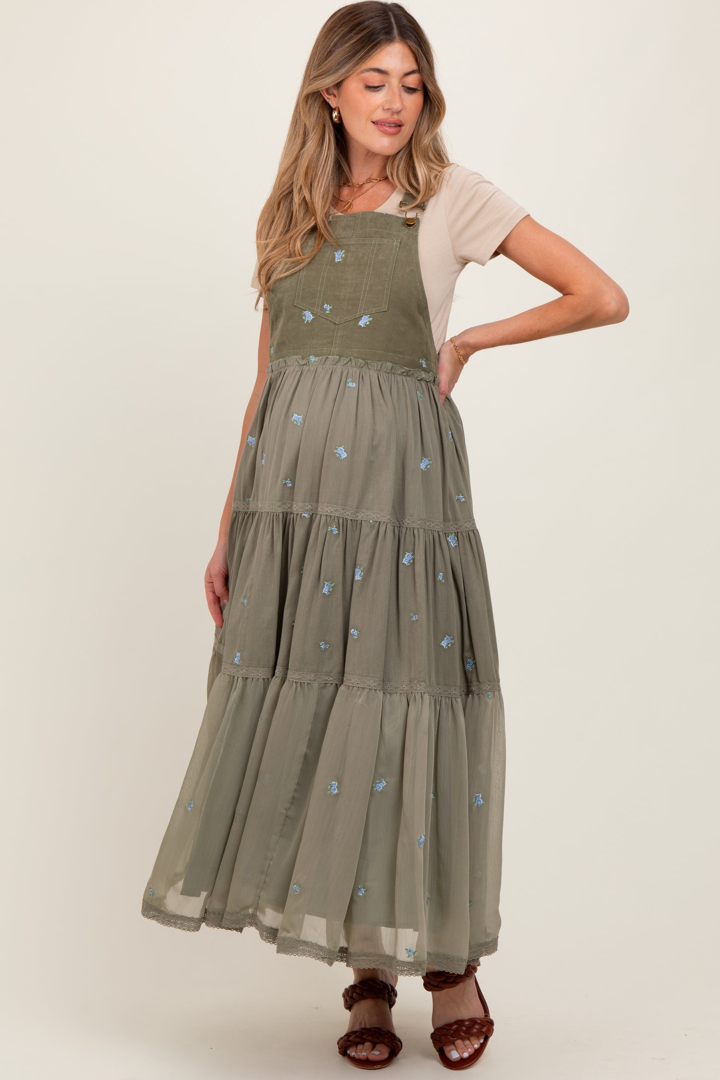 Olive Embroidered Floral Maternity Skirtall