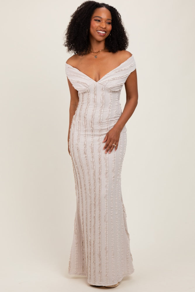 Cream Ruffle Texture Convertible Backless Maxi Dress
