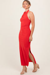 Red Halter Low Back Ruched Midi Dress